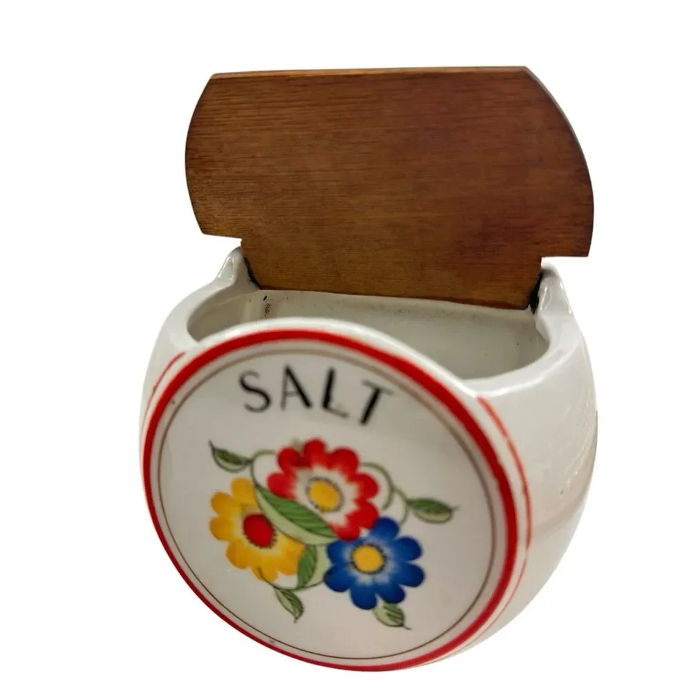 Vintage Japan Salt Box & Range Salt Shaker Floral Red Trim Wood Lid Ceramic